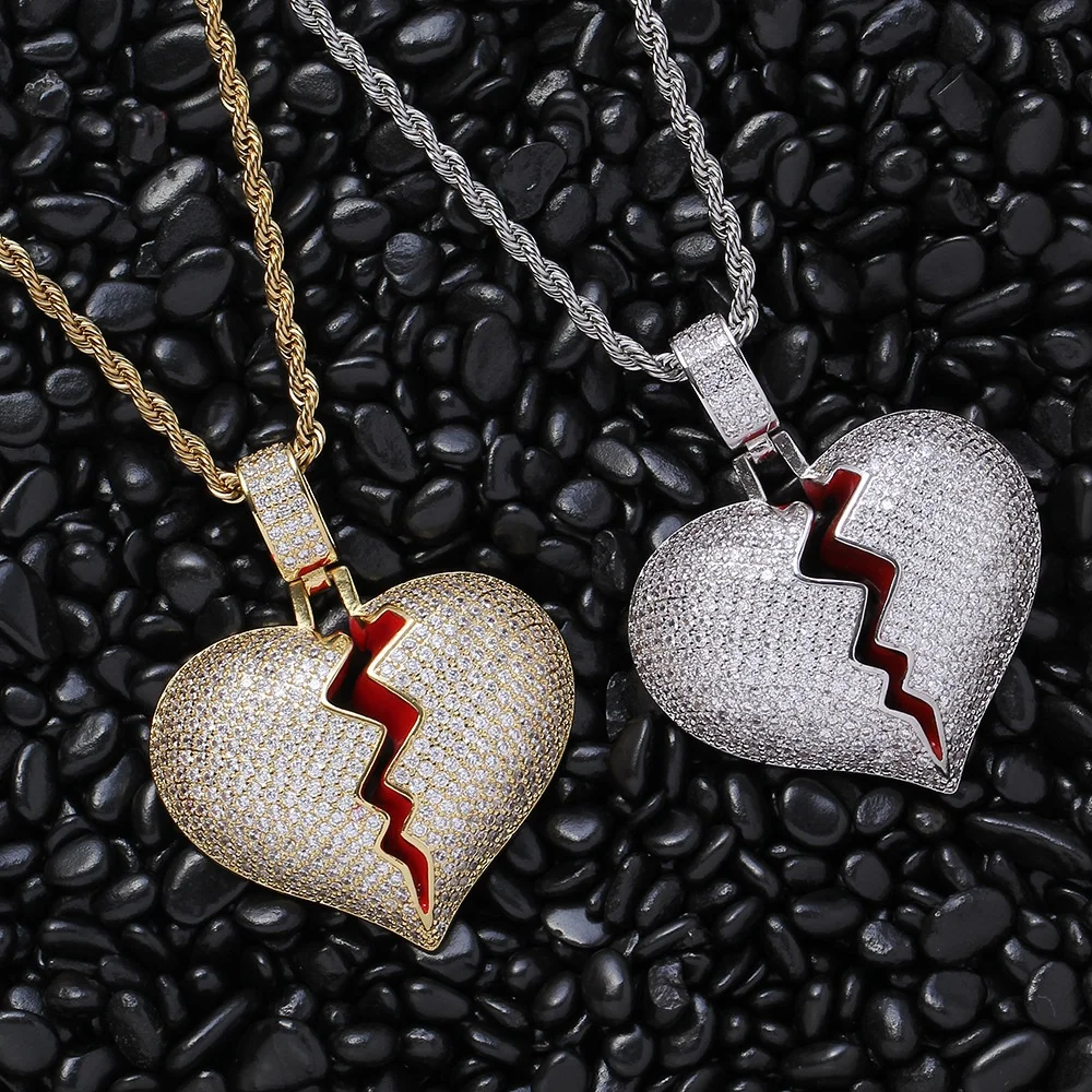 Hip Hop Bling Iced Out Gold Plated Teeth Pendant Necklace Twist Cuban Full Diamond Broken Heart Shape Pendant Necklace