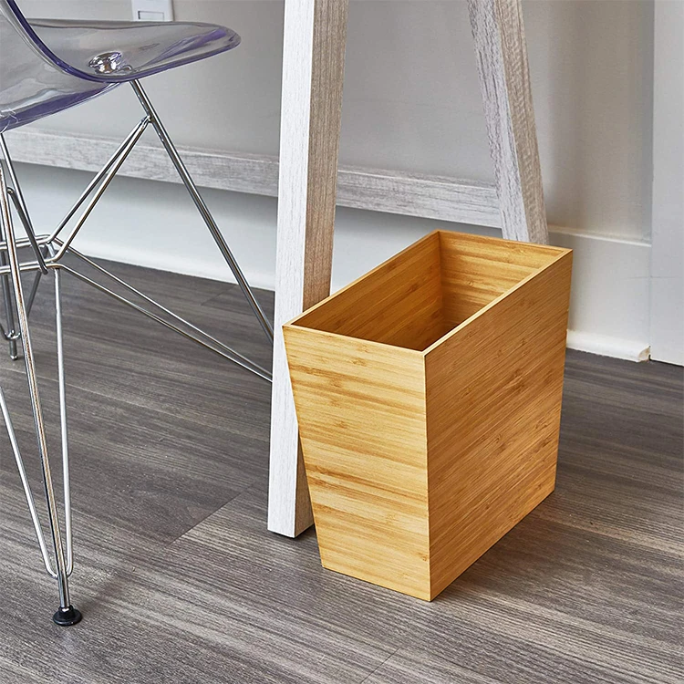 Customized Office Household Bamboo Rectangular Waste Basket Sanitary Trash Can