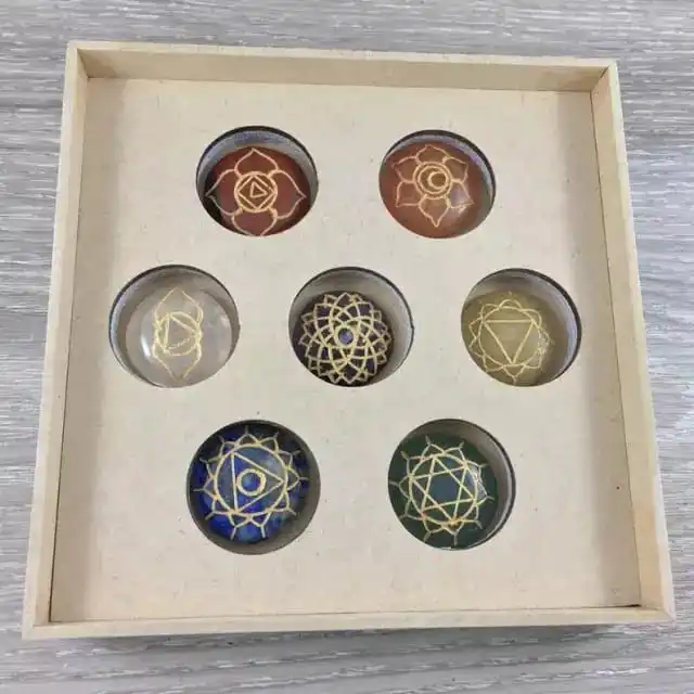 NEW PALMSTONE SEVEN CHAKRA HEALING SET ENGRAVED AND CARVED WITH WOODEN BOX SET / CHAKRA STONE MEDITATION BOX / PALM STONE BOX
