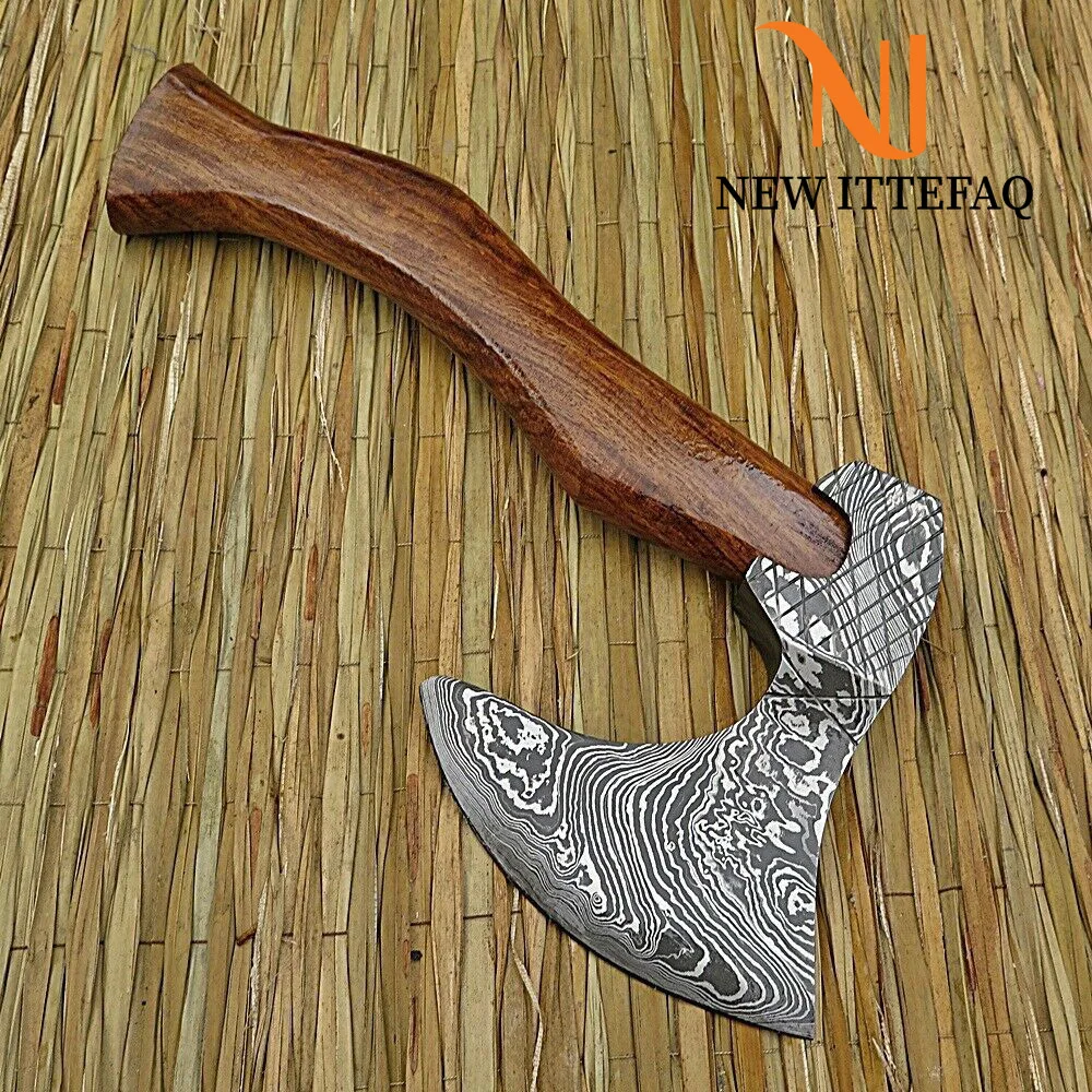 Custom handmade damascus steel hatched axe with rose wood handel