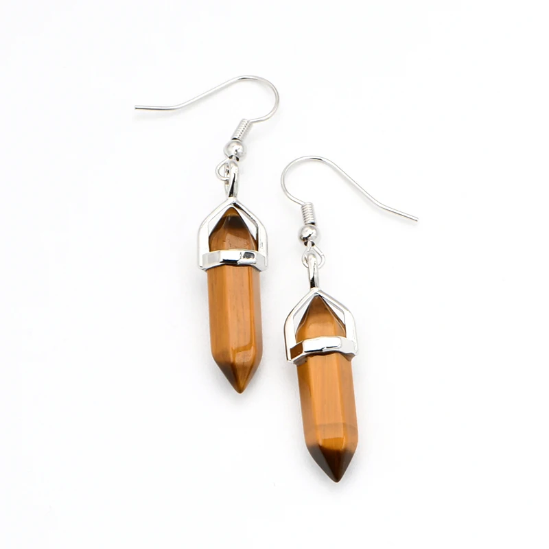 Colorful Natural Stone Crystal Drop Earrings Bullet Shape Healing Point Dangle Fishhook Earring for Women