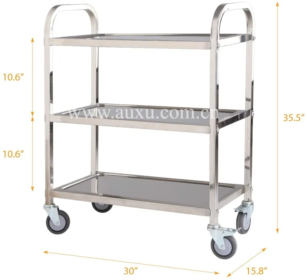 3 Shelf Multi-Functional Stainless Steel Trolley with Locking Wheels Household Service Trolley