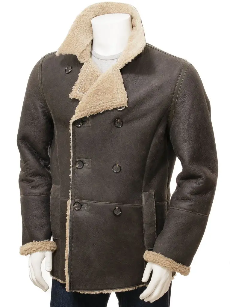  Горячая Распродажа Мужская овчина темно-коричневая кожаная теплая Модная куртка Peacoat с меховой подкладкой для зимы