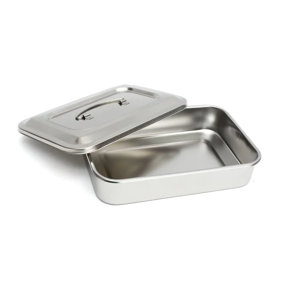 Stainless Steel Instrument Tray Lab Instrument Dental Tool Organizer Holder with Lid and Handle Grip.