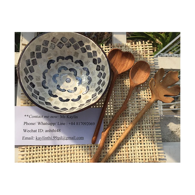 Lacquer bowl for family with decor spoon wooden spoon/ Coconut Shell bowl Wooden Bowl for family (Kaylin: WS +84817092069)