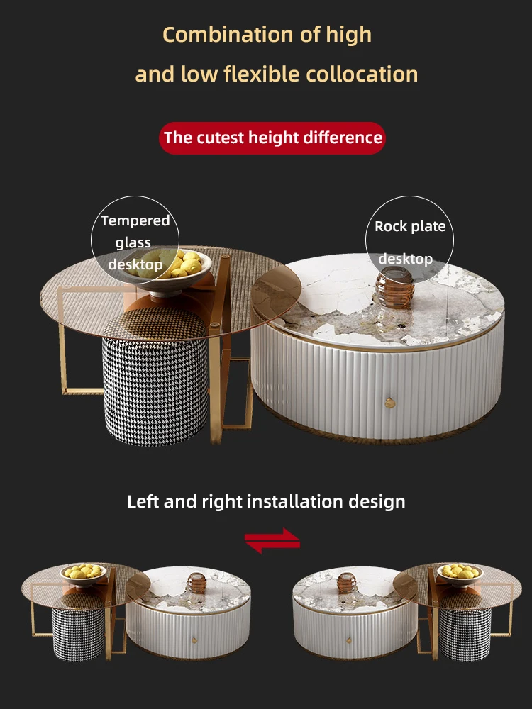 Hotel tea table basse storage Living Room Furniture Round Modern white sintered stone Luxury gold marble Glass Coffee Table