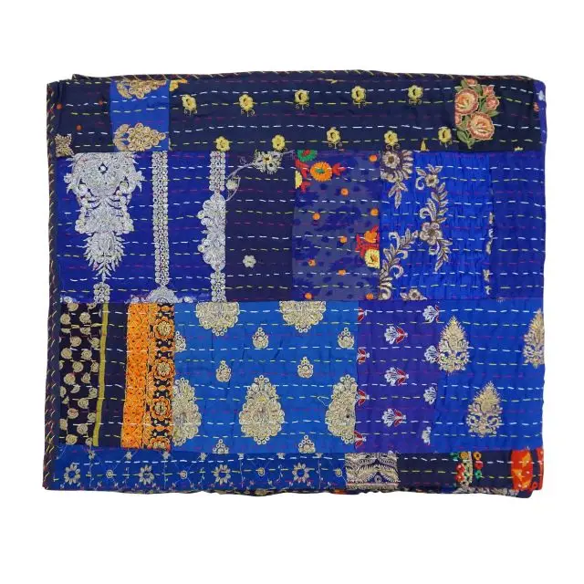 Хлопковое одеяло цвета индиго в стиле пэчворк Kantha покрывало для кровати ручной работы постельное белье Королевский размер