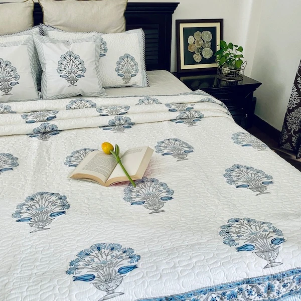 Premium Quality   Indian Hand Block Printed Blue Floral Handmade Cotton Quilted Bed Cover  With Pillow Cover