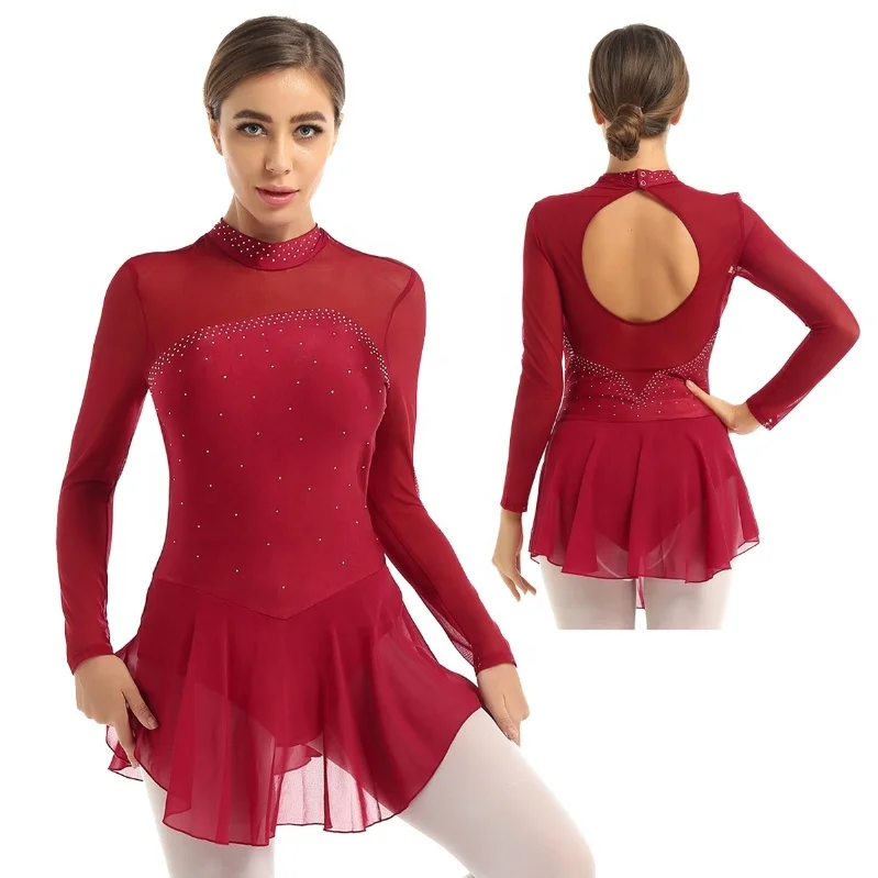 Women Adult Mesh Shiny Rhinestones Splice Bodice Figure Skating Gym Leotard Ballet Dance