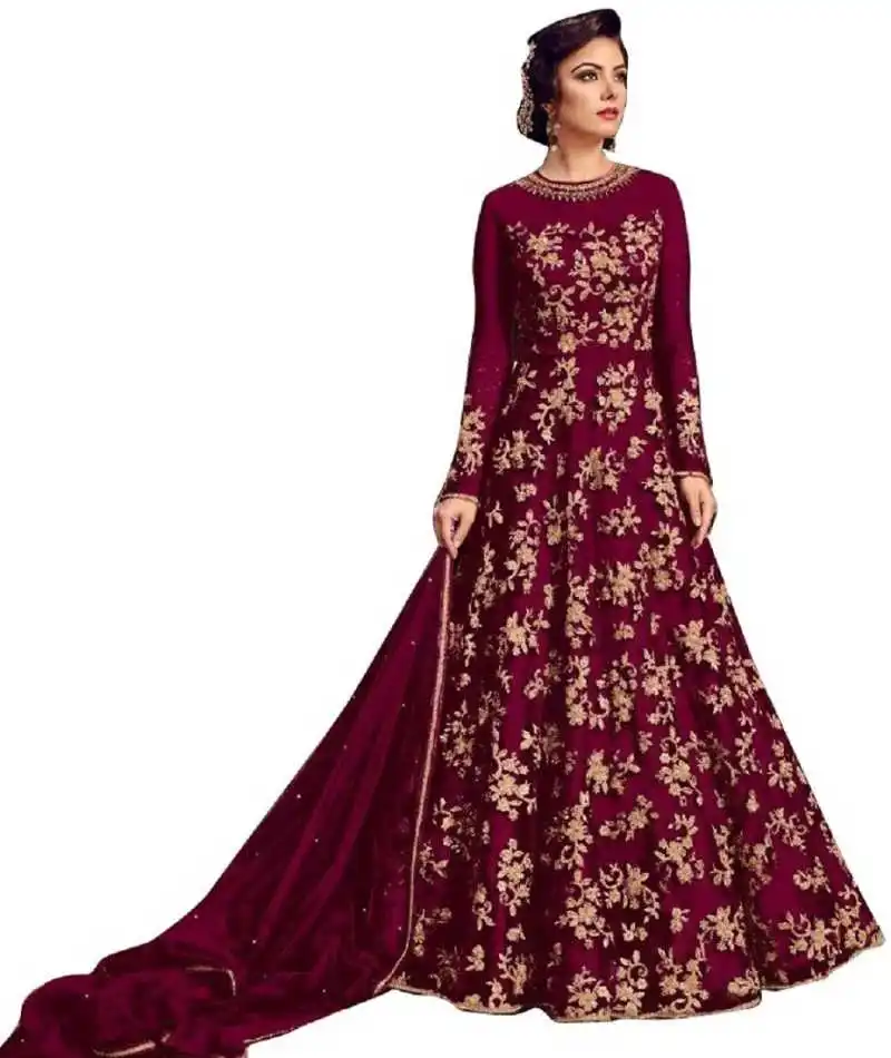 NEW DESIGNER EMBROIDERED NET SEMI  STITCHED ANARKALI GOWN BY OMVAGMINE