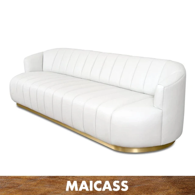 Modern Pearl White Faux Leather Metal Brass Leg Sofa