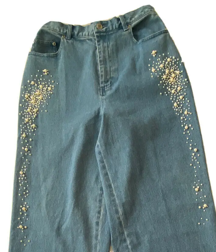 Beaded Pearl Jeans High Rise Stretch A13676 Size Medium NWT
