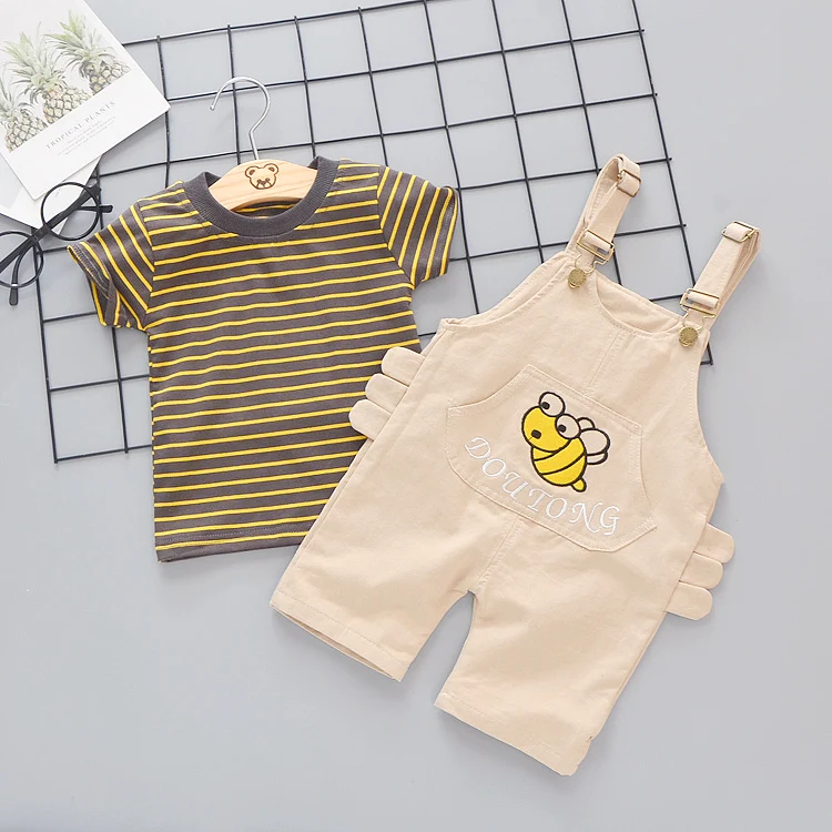 Girl summer suspenders pants small bee pattern + stripe T-shirt set kids girl summer kids clothing wholesale