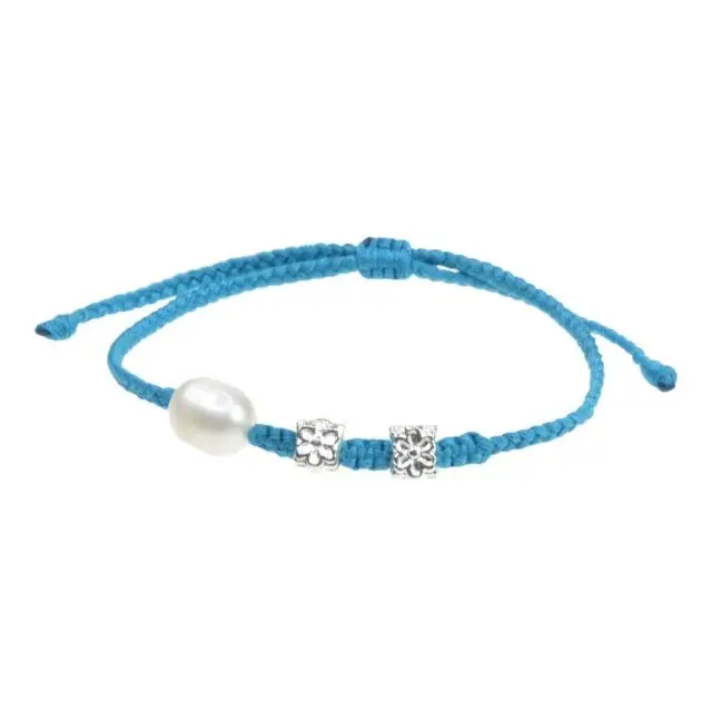 Bracelet with Fresh Water Pearl and Silver Color Triangle Hammered Beads on Hand-braided Cotton String
