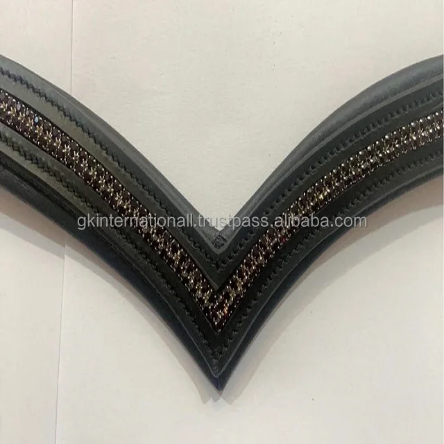 Black English Leather horse brow band for bridles empty channel inlay with 2 row purple clear crystals luxury chain