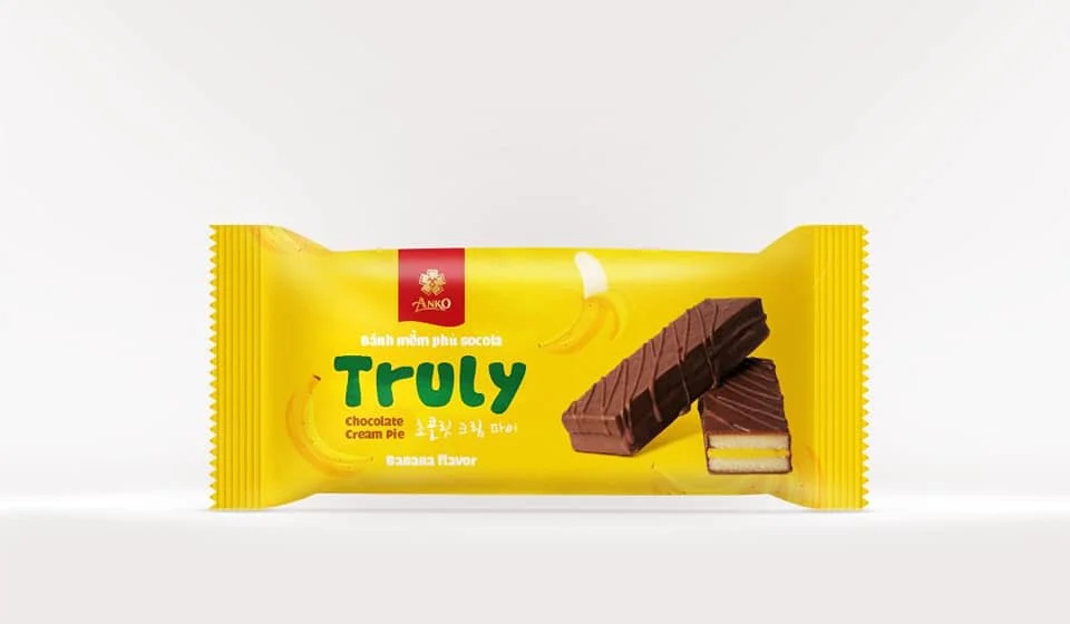 Best Selling Vietnam Leading Confectionery Manufacturer Chocolate Long Pie with Banana Marshmallow 300gr bag