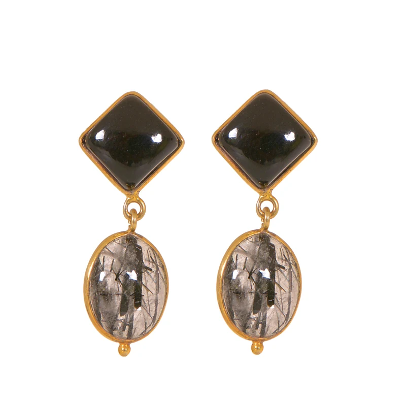 Stunning Gold Plated 925 Sterling Silver Jewelry Black Onyx And Black Rutile Gemstone Earrings