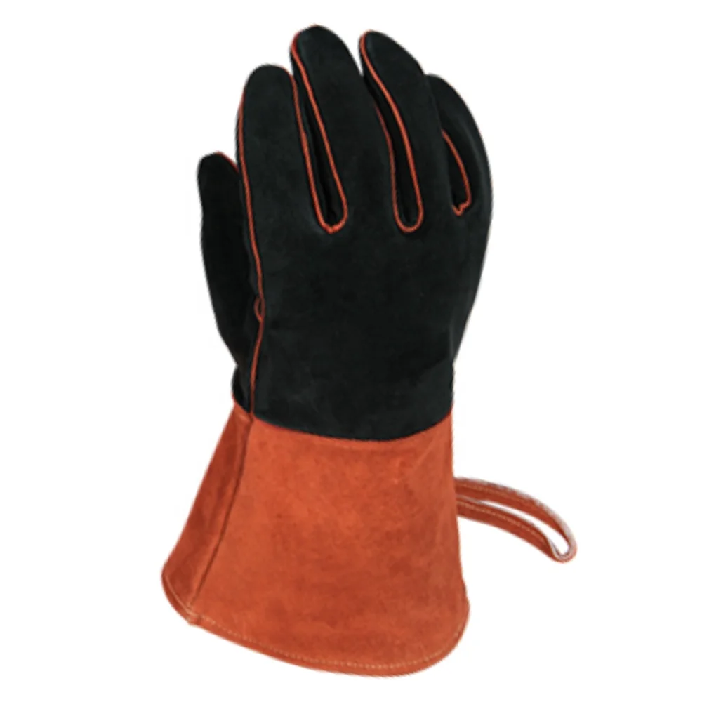 Safety Hand Welding Gloves Heat Resistant Cow Split Leather Inner Full Fleece And Denim Jeans Cuff