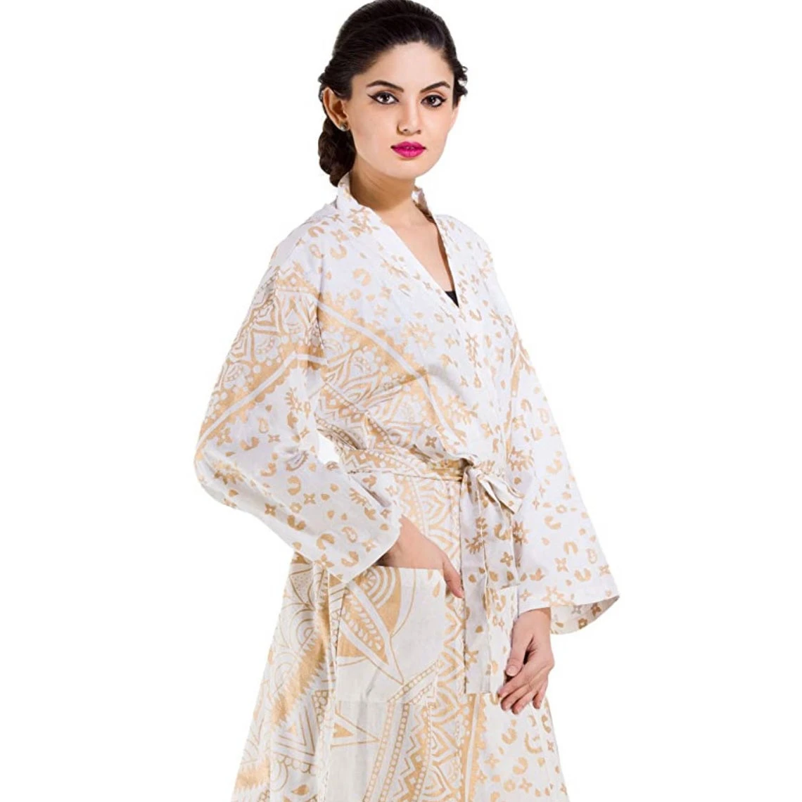 Cotton Mandala Long Sleeve Kimono Dress Festival Kaftan Psychedelic Maxi Jacket Robe Beach Cover Up Tunic