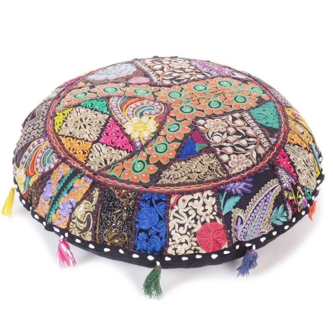 Indian Textile Wholesale 100% Cotton Handmade Patchwork Bohemian Round Zafu Pouf Vintage Embroidered Floor Pillow Cushion Cover