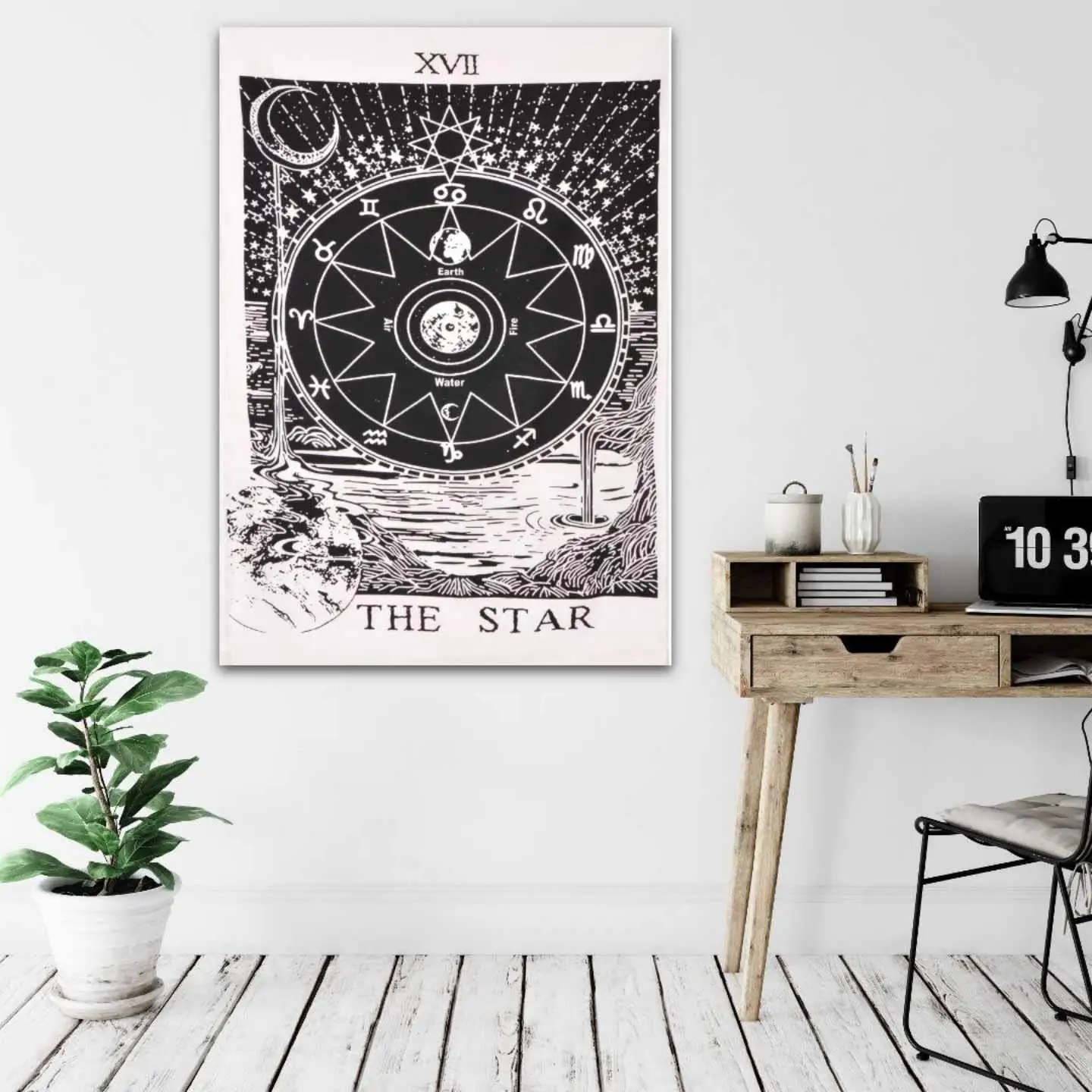 Tarot Triple Burning Sun Moon & Star Mystic Hippie Bohemian Psychedelic Mandala Cotton Wall Hanging Tapestry Poster white Black