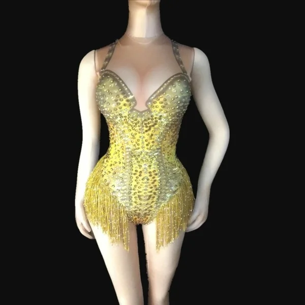 Shemax Stage Performance Dance Wear Singer Pole Dancing Bodysuit Gold Fringe Leotard Nude Spandex