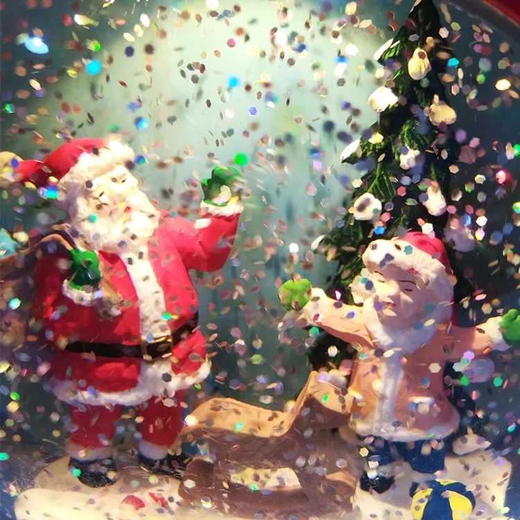 Custom Make Battery Operated Red  Swirling Glitter Water Musical Spinning Polyresin Christmas Santa Claus Lantern For Kids
