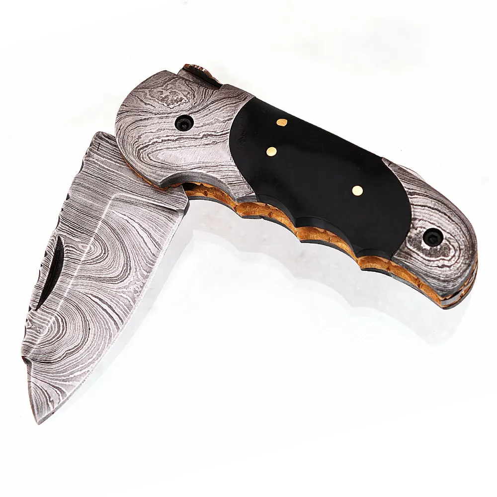 
Hand made Damascus Steel Custom Design Folding Knive/ Pocket Knife with Camel bone, Color wood and Black Buffalo Horn handle 