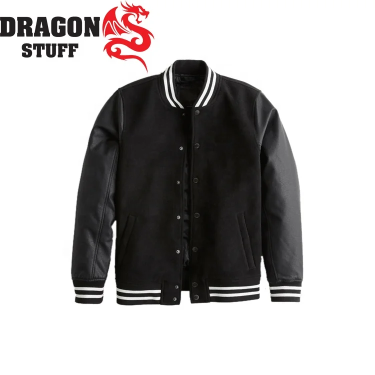 Patches Custom Dark Black Wool Jackets With Genuine Black Cow Leather Sleeves Wholesale College Letterman Jacket
