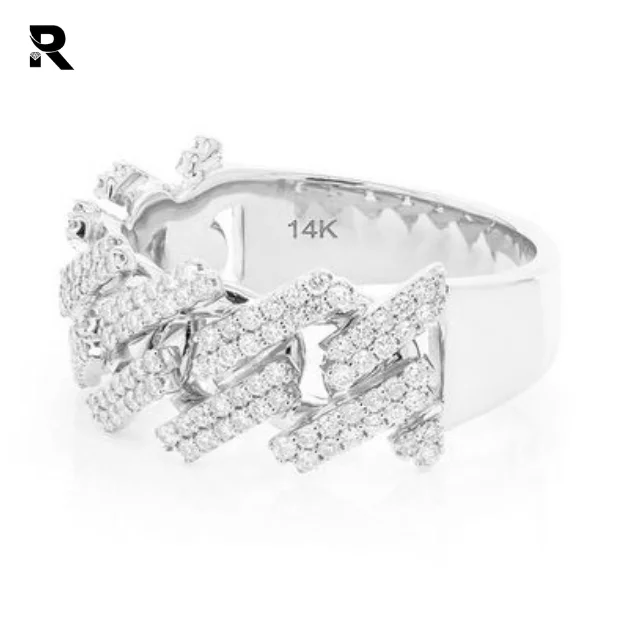 0.75ctw Jagged Edge Cuban Ring In 14K White Rose Yellow Gold Cuban Link Ring With Diamonds