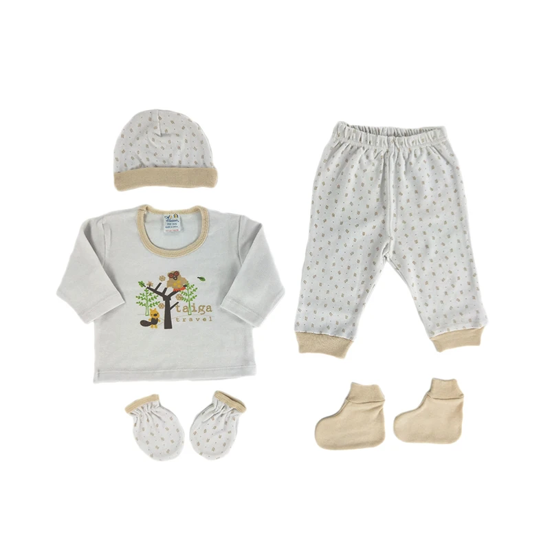 Factory Sell High Quality 100% Cotton Layette Newborn Baby Clothes 5 PCS Set with  cap, gloves, shirt, pants and socks