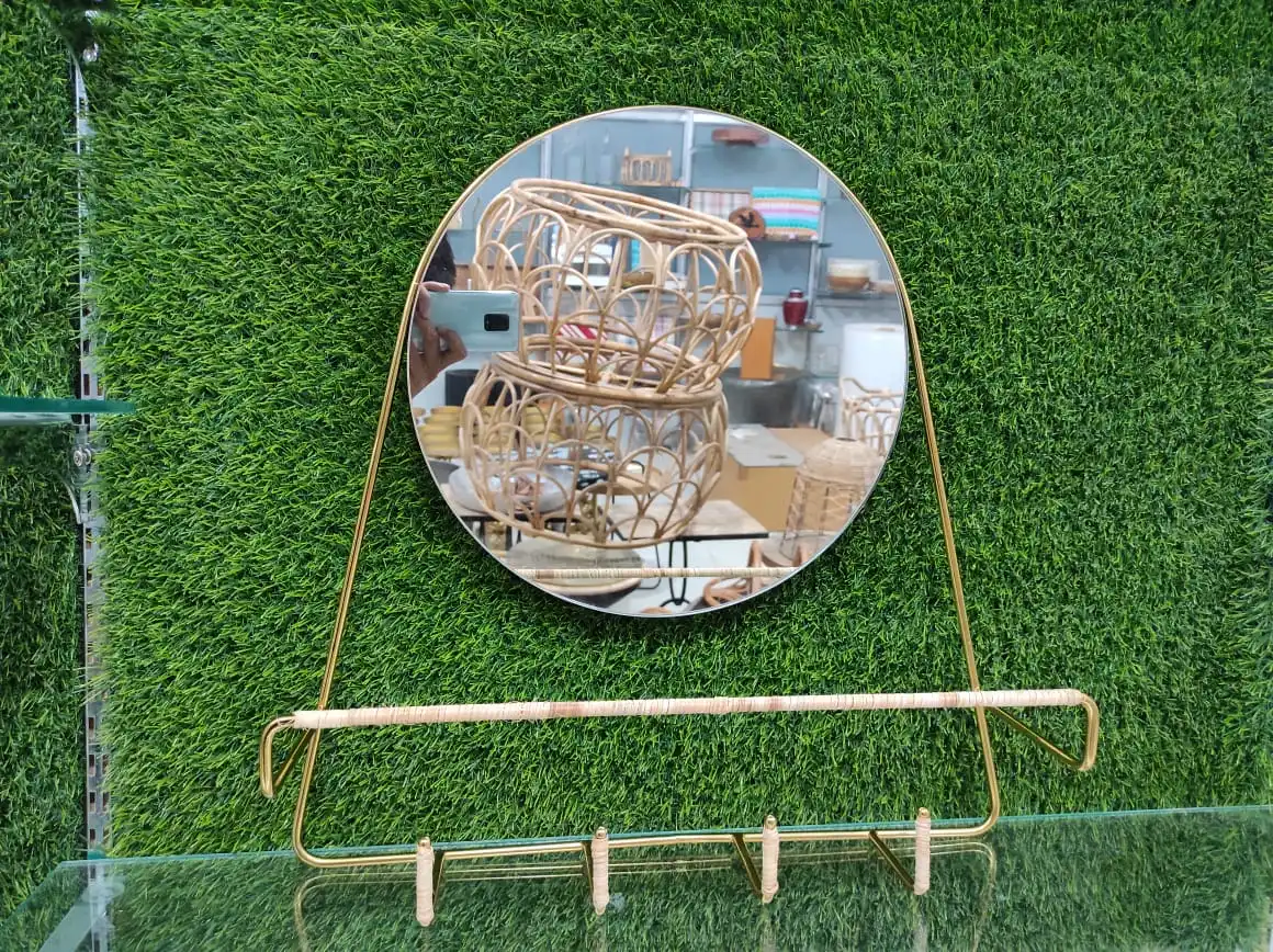 WALL MIRROR WITH SHELF AND HOOKS WITH WICKER WRAPPED