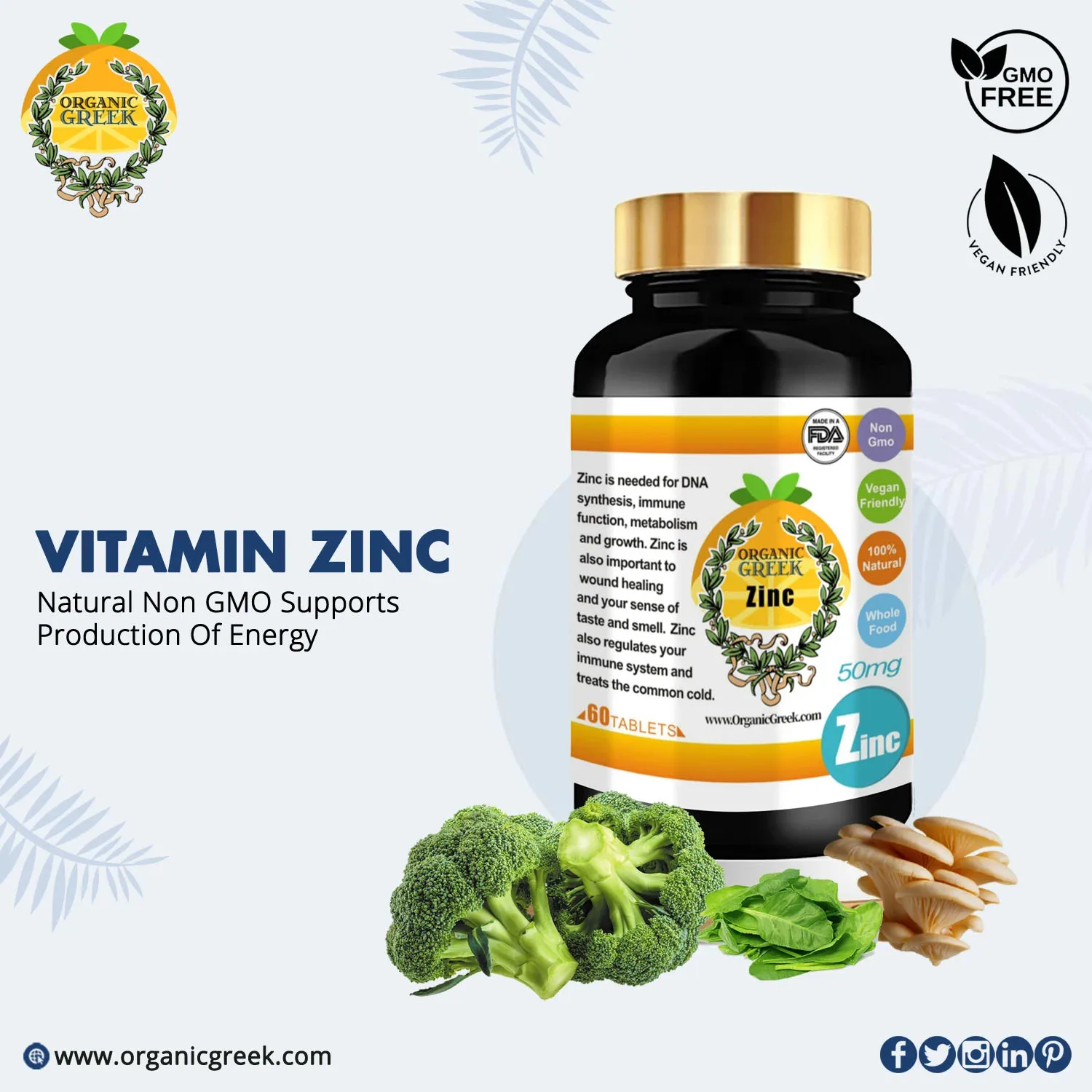 Organic Greek Vitamin Zinc Natural Non GMO Supports Production Of Energy Red Blood Cells Healthy Nervous System and Metabolism