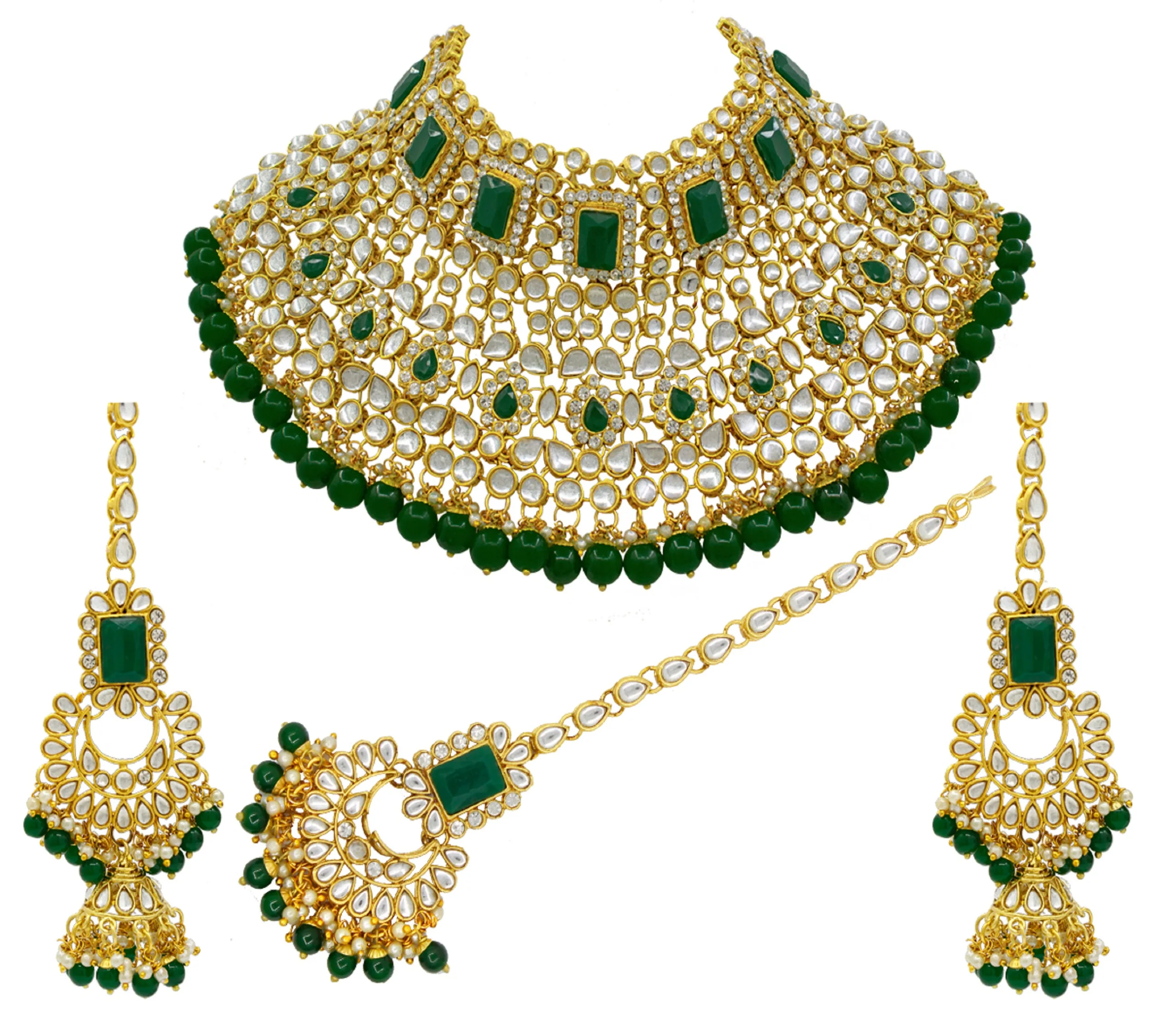 Indian Traditional Bridal Green Kundan Choker Necklace set With Tikka For Women.