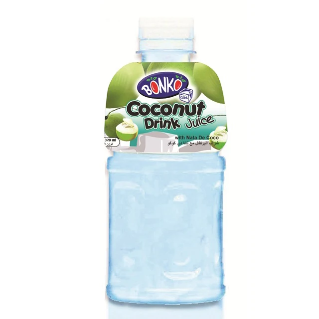 Fruit Drink Juice Coconut with Nata De Coco 320ml Plastic bottle BONKO cube brand. Bottle water beverage , Made in Thailand.