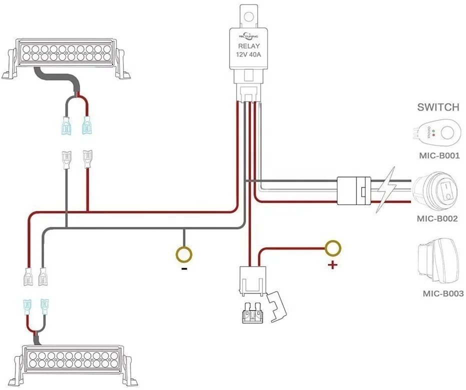 MICTUNING LED light bars 12ft 2 Lead Fuse 40A Relay ON-OFF Waterproof Toggle Switch Line Set Automotive Power Wiring Harness