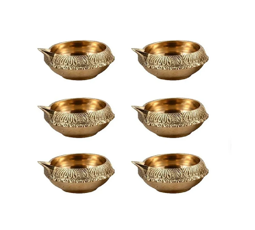 Indian Puja Brass Oil Lamp Golden Diya Lamp Engraved Design Dia - 2.5 Inch for diwali house mandir traditional at best price