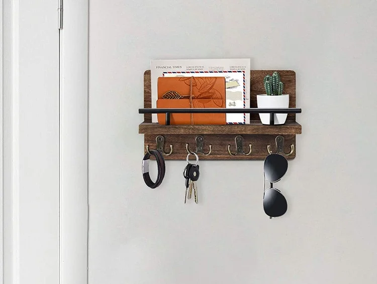 wall wooden key hooks rack wall-mounted mailbox storage holders wooden floating mail sorting shelf Mail Organizer 4 Double hooks