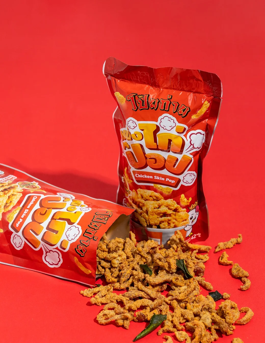 Poygai Crispy Fried Chicken Skin Pop Tom Yum Flavor 42 g. Premium Quality from Thailand for 100% Export Best Selling