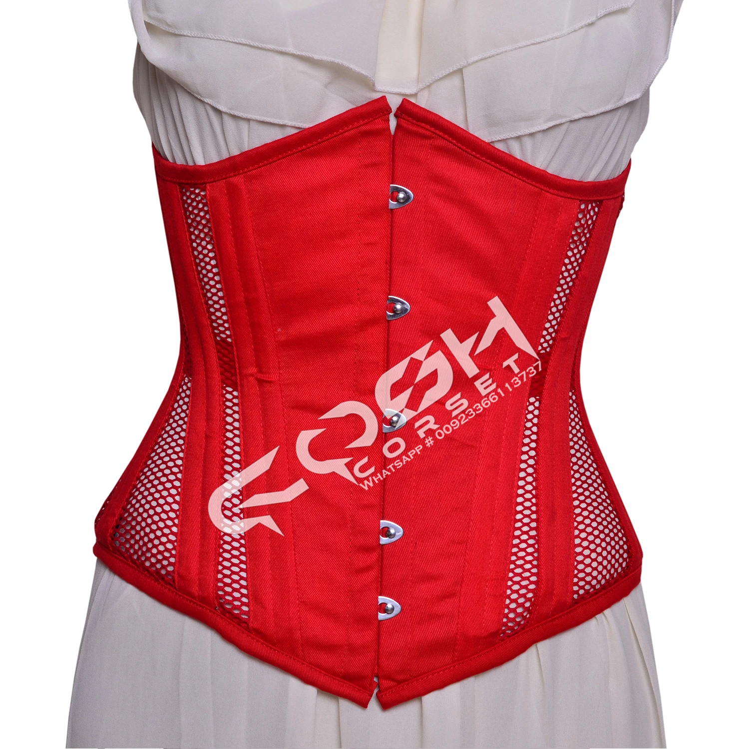 Women Fashion And Party Wear Red Cotton With Mesh Steel Boned Under Bust Waist Reducing Extreme Curvy Corset Top