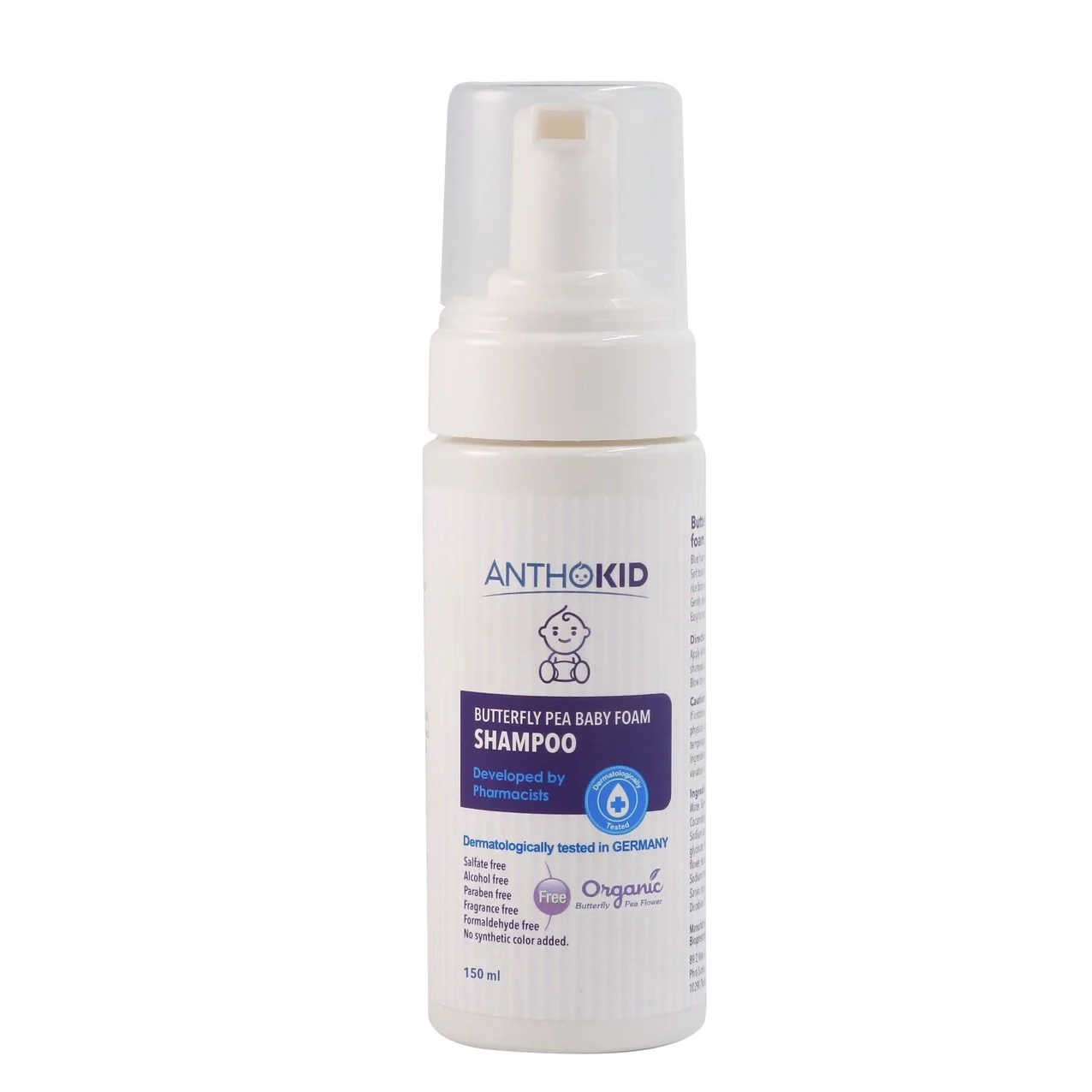 Premium Unisex Herbal Anthokid - Butterfly Pea Baby Foam Shampoo 150 ml For All Hair Type From Thailand