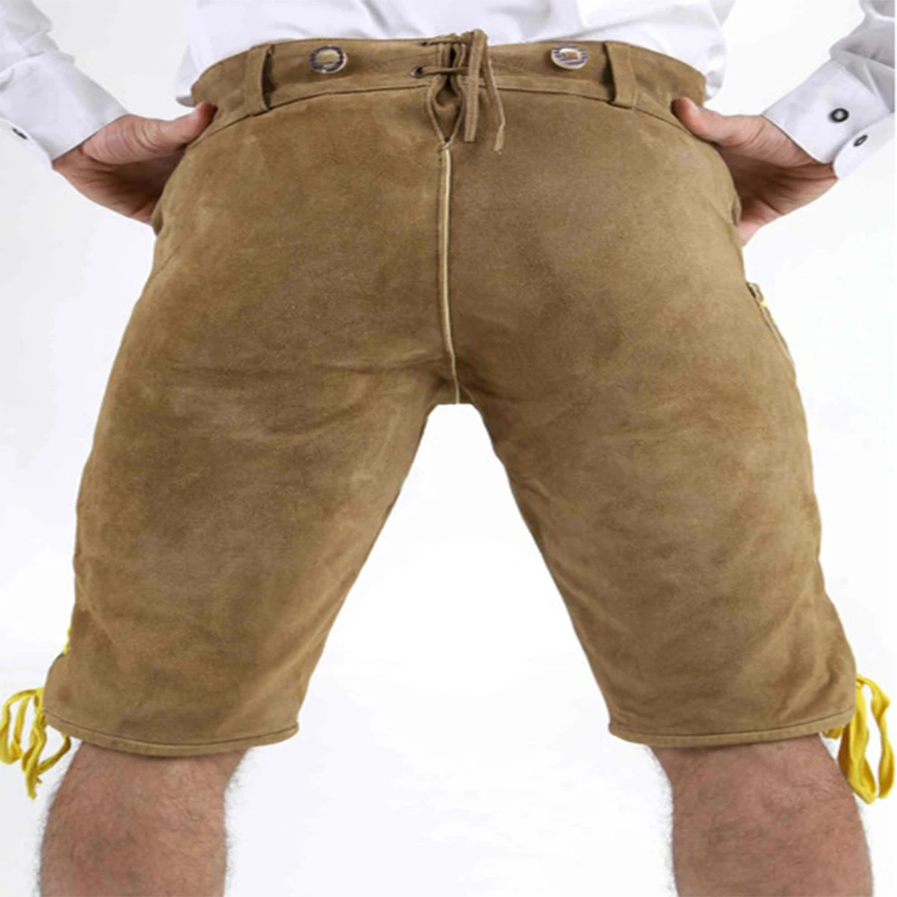 High waist length lederhosen leather shorts for men wide leg pants loose fitting slimming casual pants vintage shorts