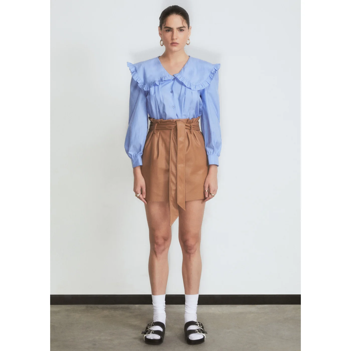 Blouse Retro Korean Style peter pan Collar Shirt White And Blue For Women Long Sleeve Ruffled Fringed Trims Casual Blouse