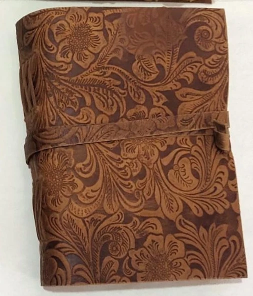 Unique leather diary, Brown antique handmade paper leather bound notepad ,flower printed for Men and Women