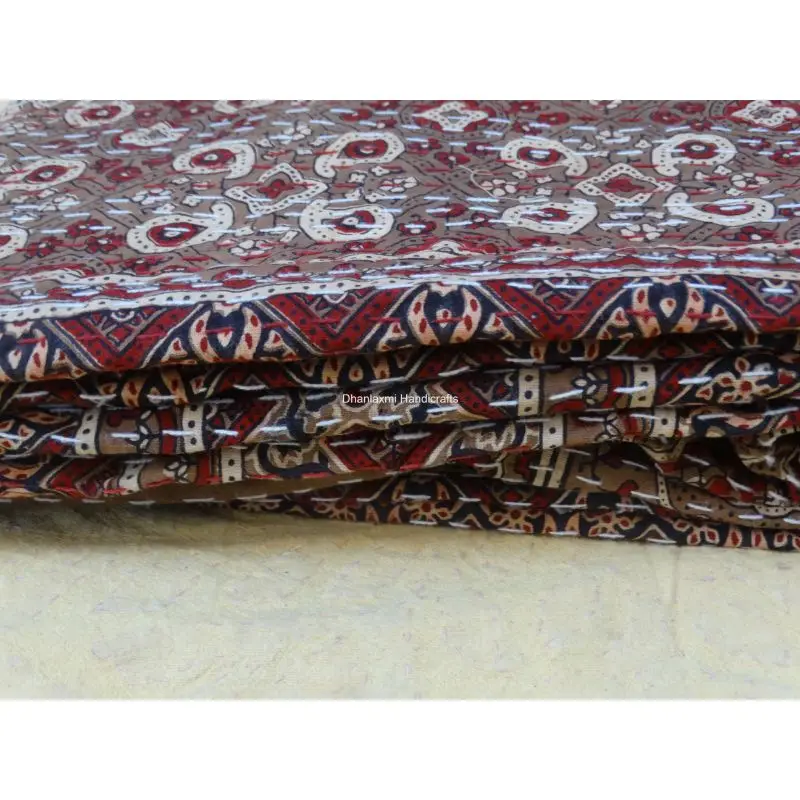 Оптовая Продажа Покрывало Kantha домашнее декоративное индийское Ajrakh ручной принт коричневый цвет красивое Хлопковое одеяло работы