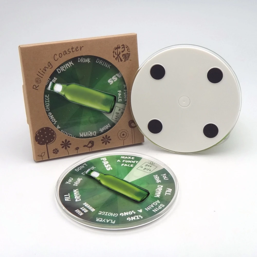 New arrival beer bottle funny game design on round spinning plastic coaster