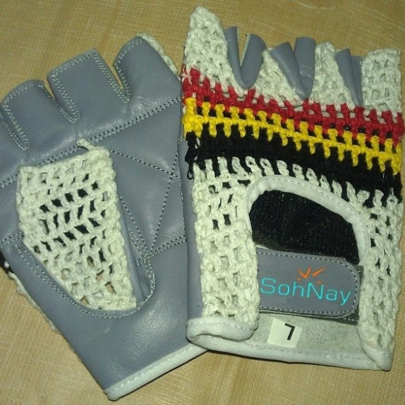 Bicycle Gloves Cycle Gloves with Leather Palm, Knitted Crochet Back Palm made by Leather Back Knitted Mesh Hook-and-loop