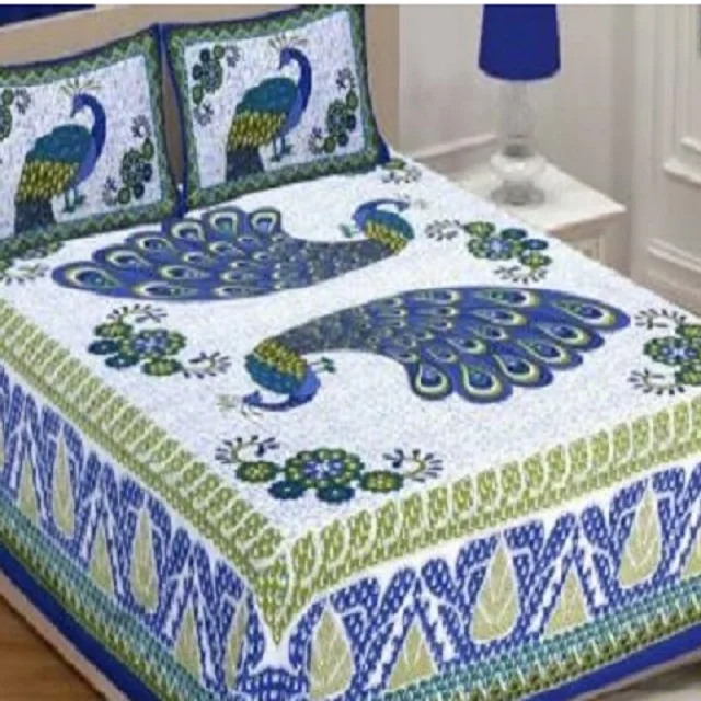 Attractive Peacock Printed Cotton Double Bed Sheet with 2 Pillow Covers High Classical Finishing Handmade Bed Sheet