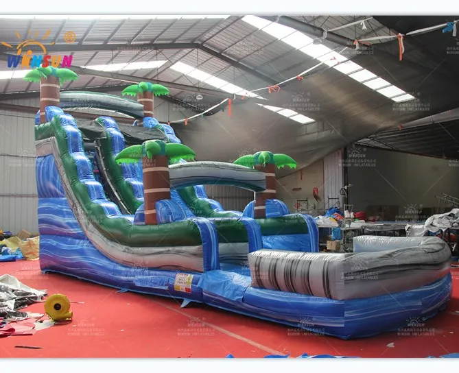 Commercial piscine gonflable avec tobogan kids bouncy combo jumper aqua tropical palm inflatable bounce house water slide