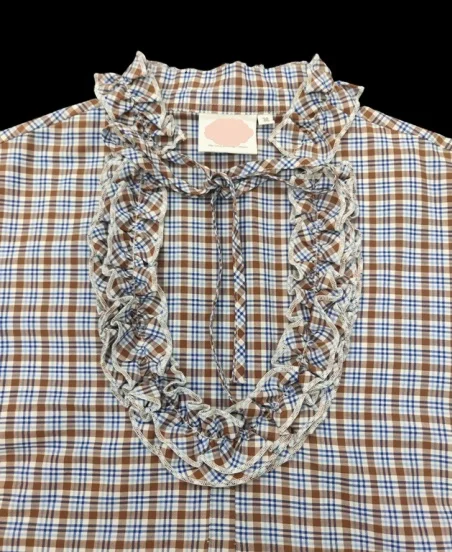 Brown Check Ruffled round neck Long sleeve Ladies Dress